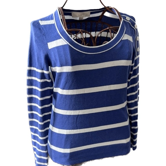 Ann Taylor LOFT Striped Sweater Blue and White Button Detail Medium - Picture 1 of 14
